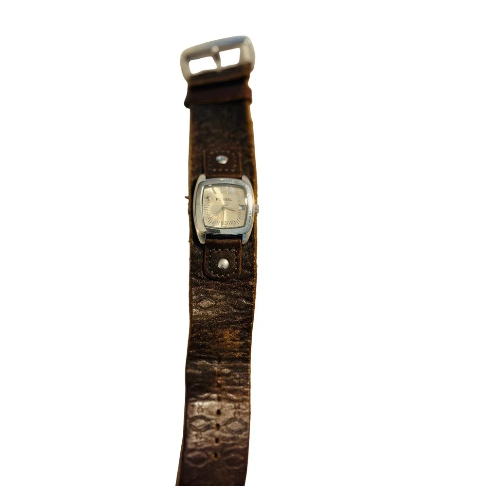 Fossil Womens Square Silver Watch‎ Two Leather Cuff Straps Brown Black JR-1044